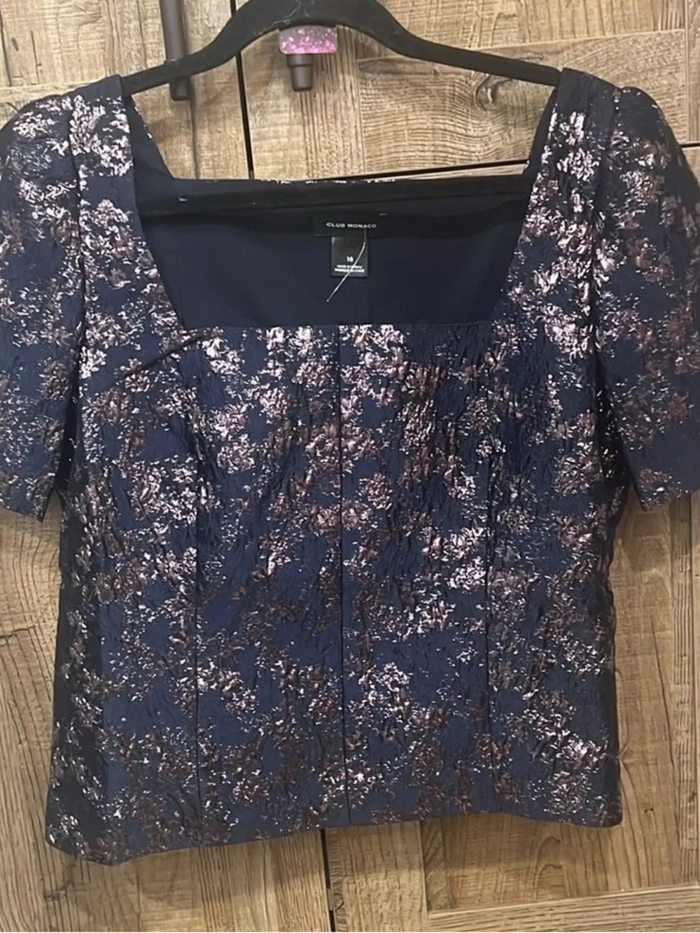Club Monaco Navy Square-Neck Metallic Floral Jacquard Blouse
